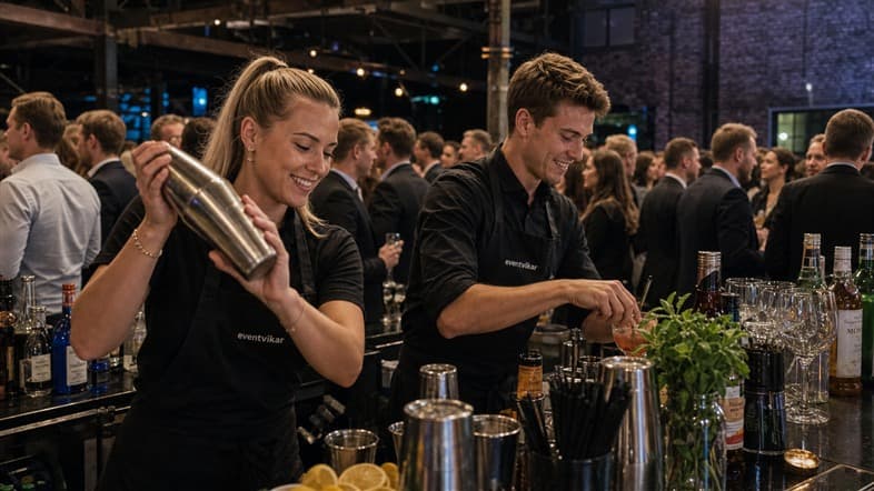Eventpersonale arbejder bag en travl bar