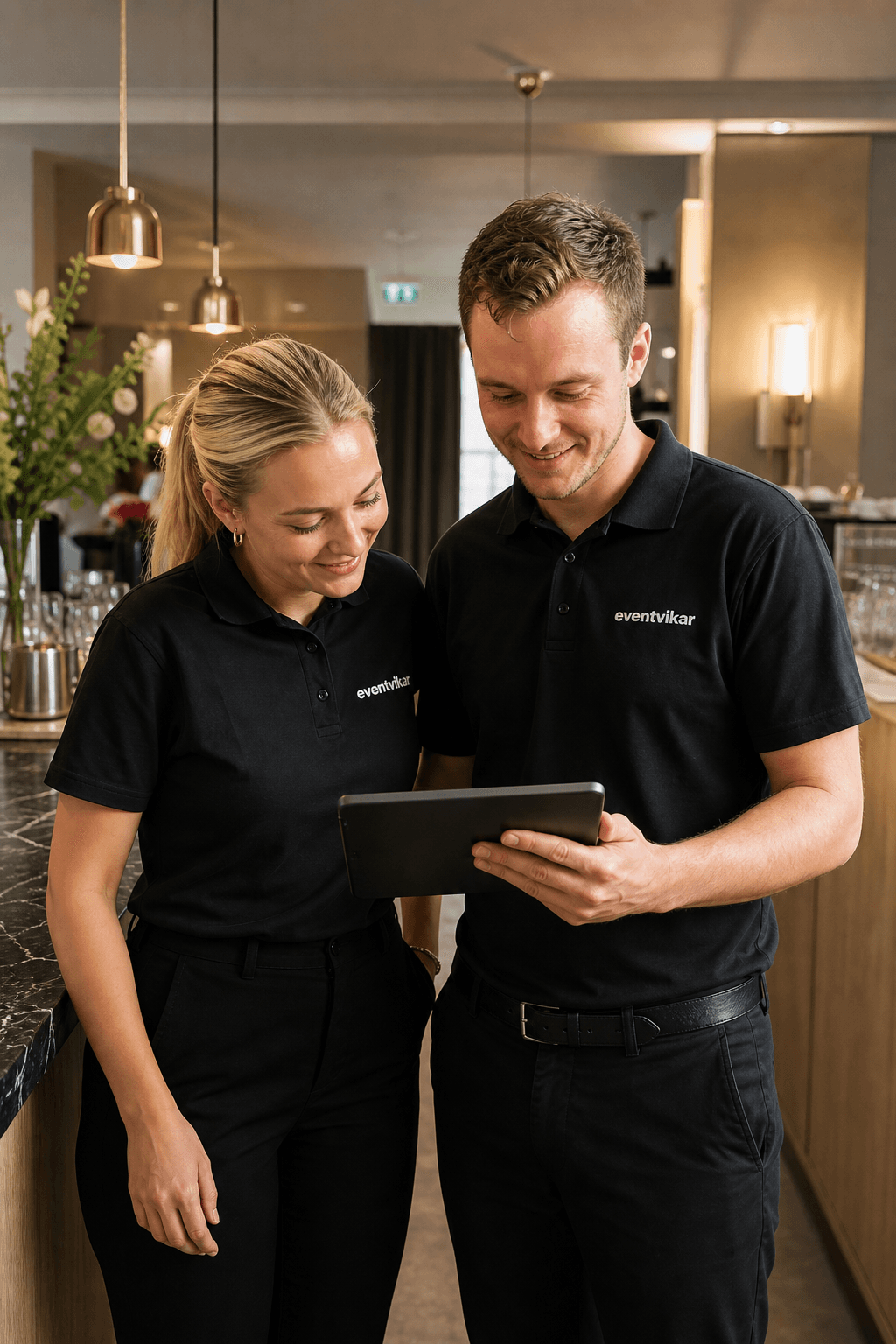 To Eventvikar medarbejdere gennemgår opfølgning på tablet